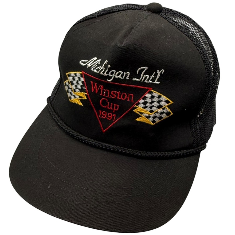 Vintage 1991 Michigan Intl Winston Cup NASCAR Trucker Hat Black‎ Snapback Cap